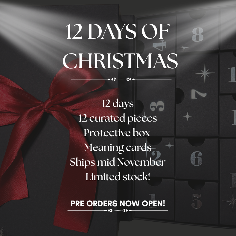 Promotional graphic for a Christmas advent-style gift set with a large red ribbon bow, dark numbered advent doors, and text reading '12 DAYS OF CHRISTMAS' and listing included pieces and shipping information.