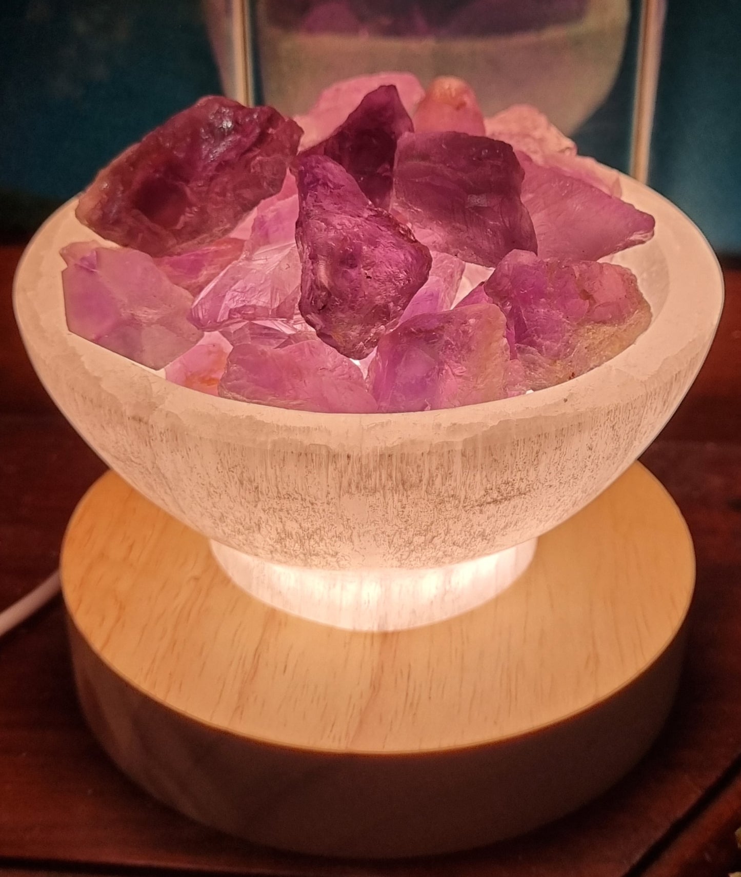Selenite Fire Bowl With Amethyst Rough on Large LED Base