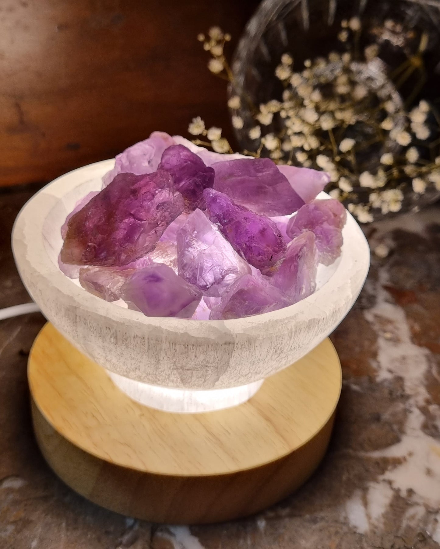 Selenite Fire Bowl With Amethyst Rough on Large LED Base