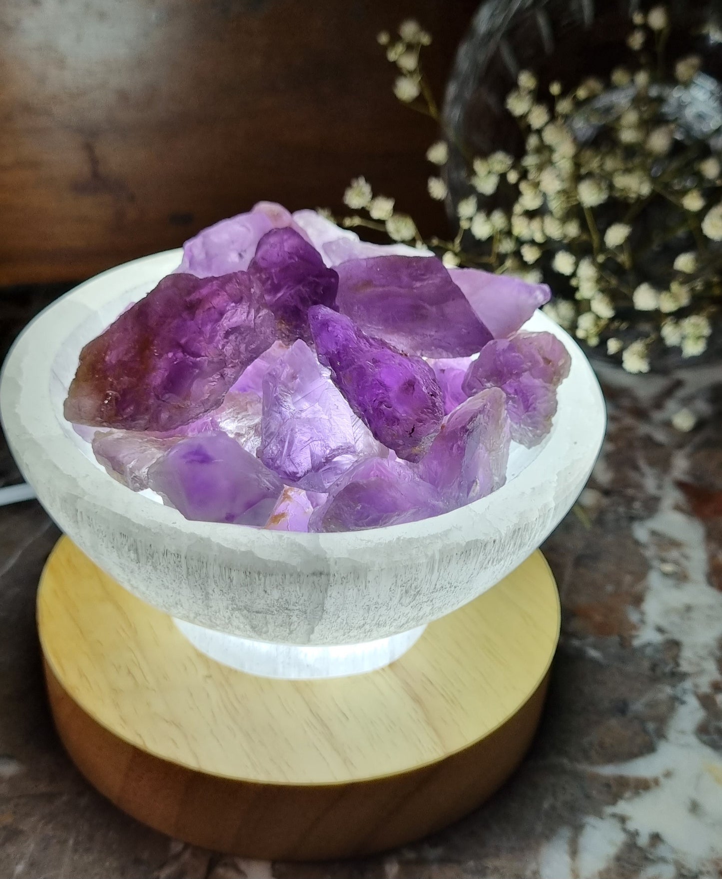 Selenite Fire Bowl With Amethyst Rough on Large LED Base