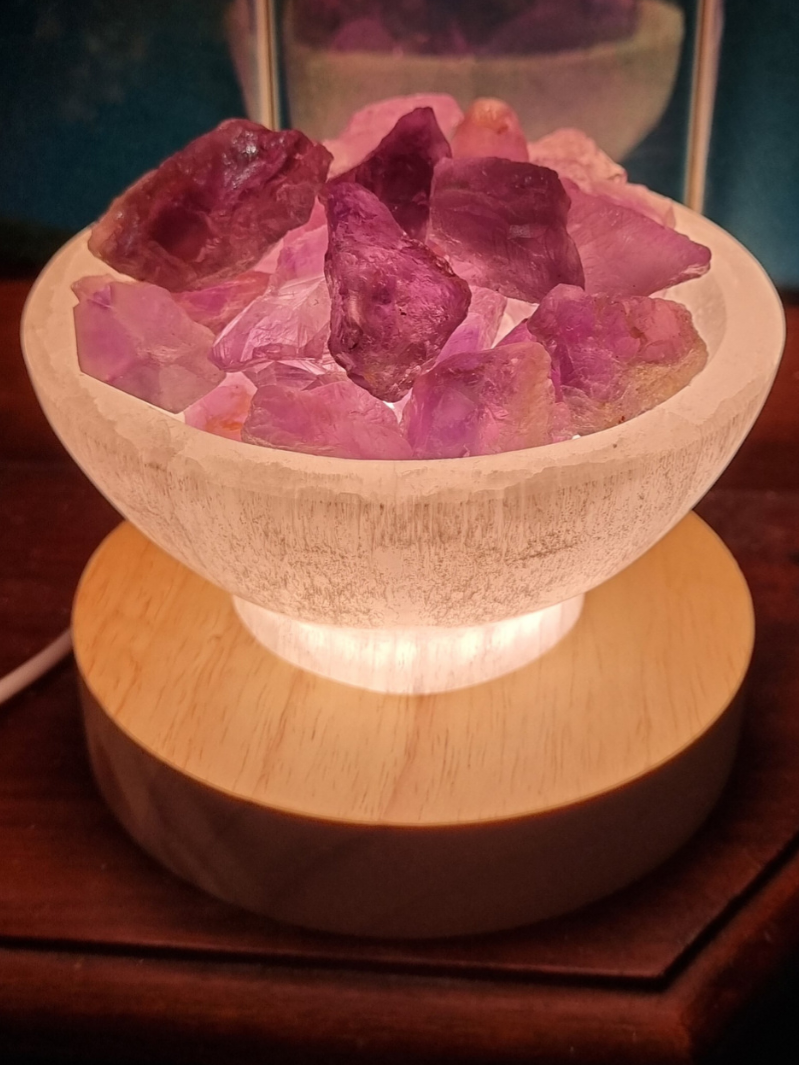 Selenite Fire Bowl With Amethyst Rough on Large LED Base