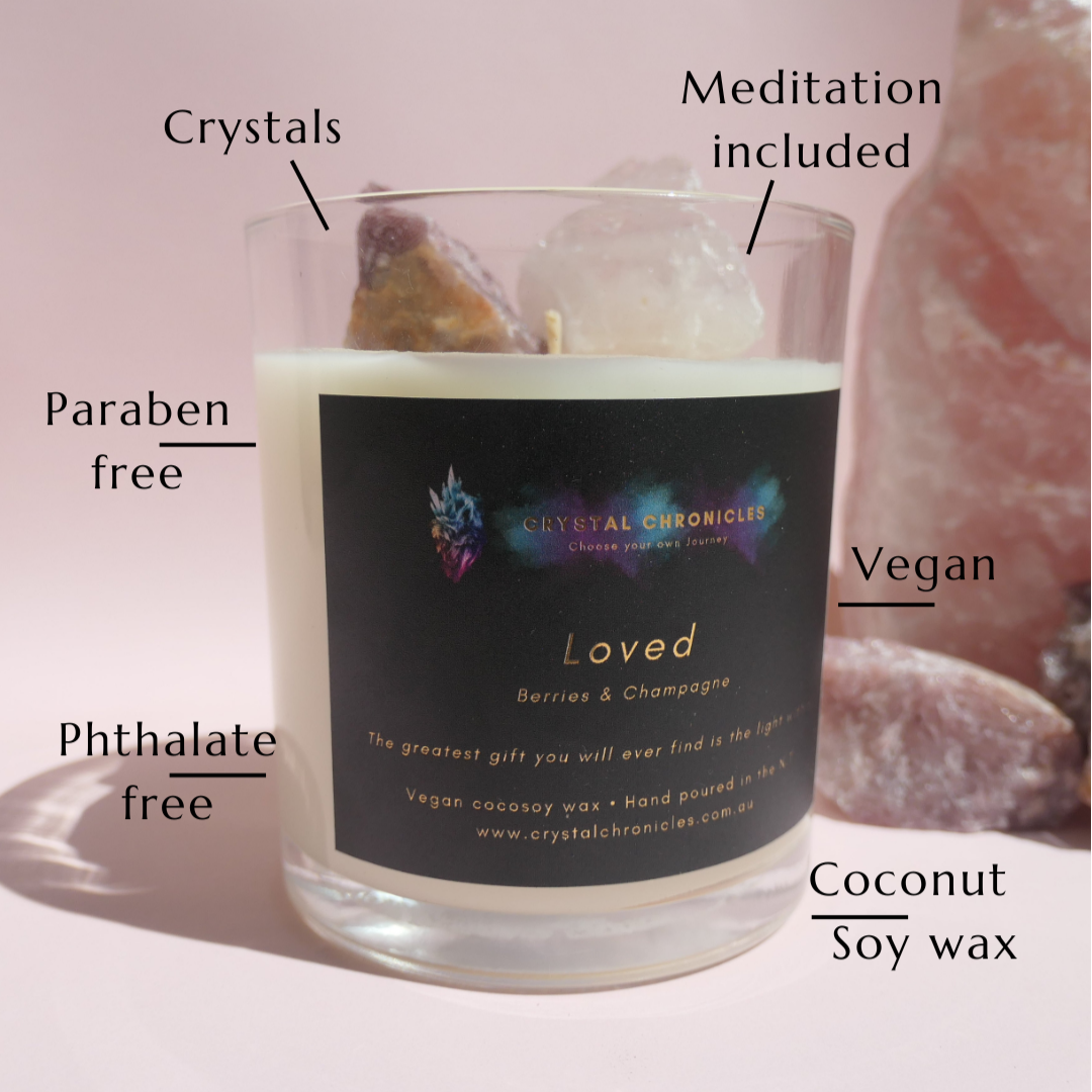 Loved- Rose Quartz and Manganite Candle with Loved Meditation