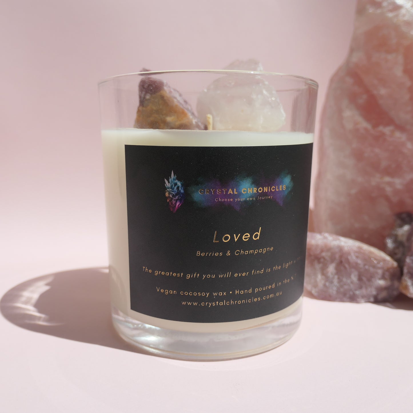 Loved- Rose Quartz and Manganite Candle with Loved Meditation