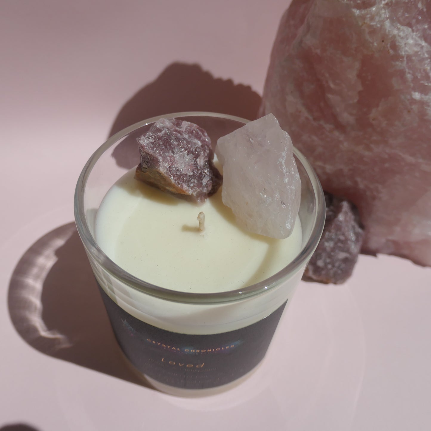Loved- Rose Quartz and Manganite Candle with Loved Meditation