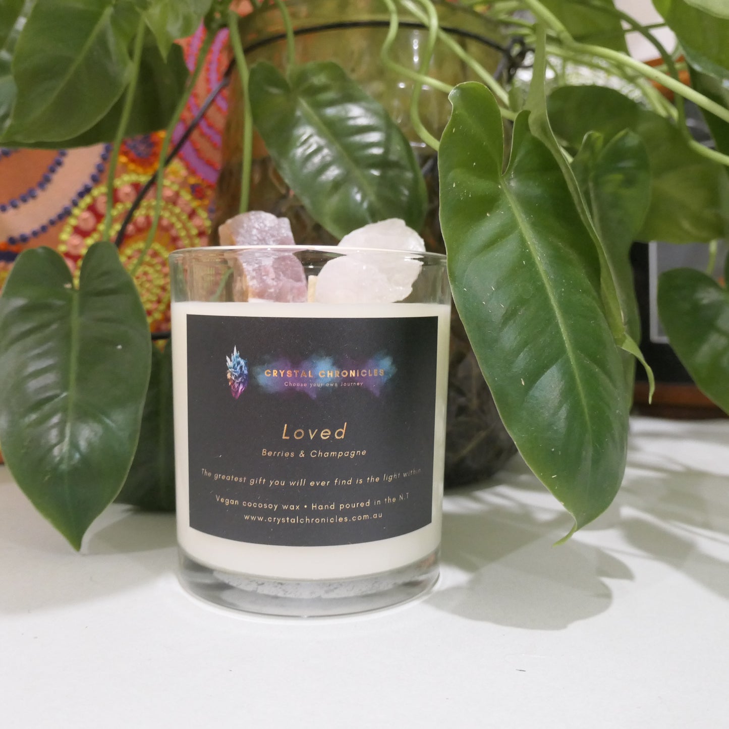 Loved- Rose Quartz and Manganite Candle with Loved Meditation