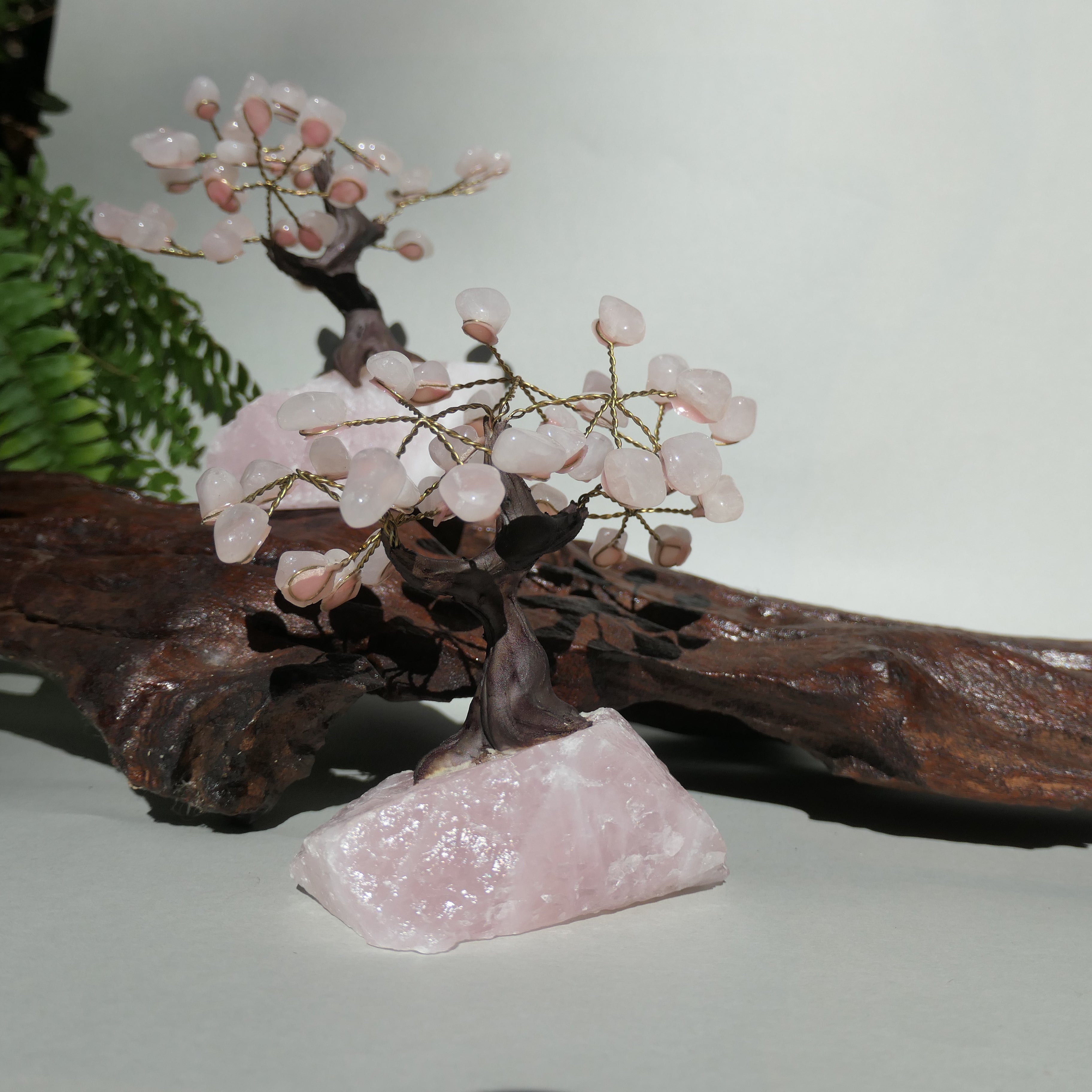 Rose Quartz gem tree tree, raw rose quartz base, faux wood trunk, gold branches tiny rose quartz tumbles as leaves