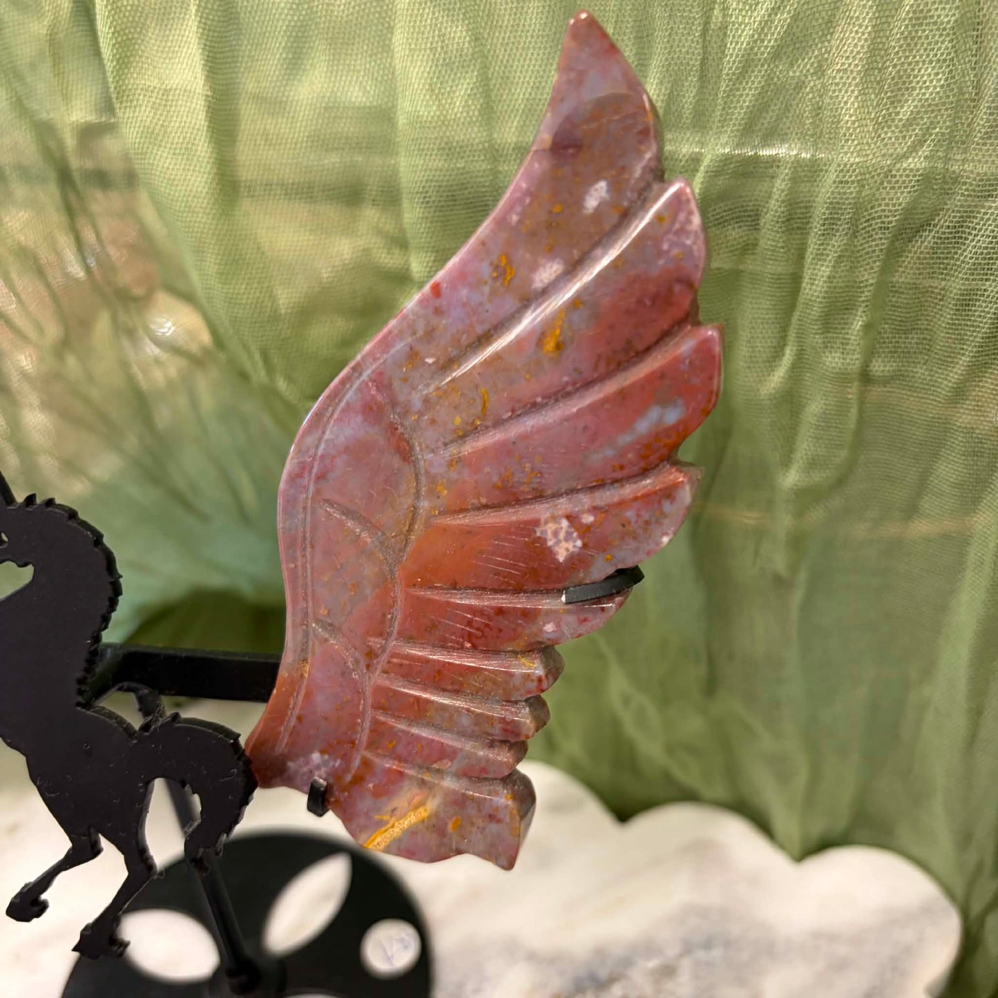 Ocean Jasper Unicorn Wings on metal stand