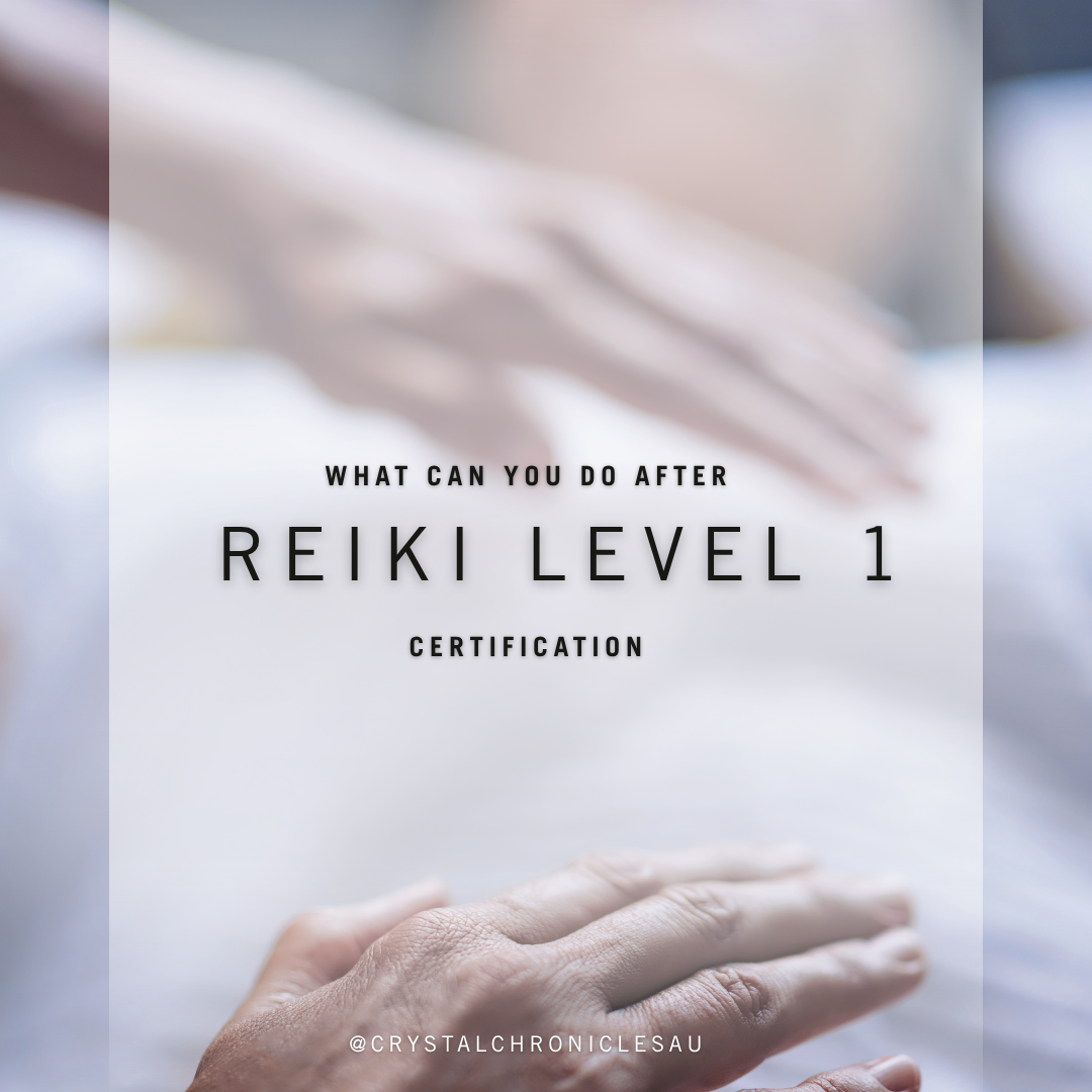 A promotional graphic for a Reiki Level 1 Certification in Darwin, Northern Territory, featuring a semi-transparent white rectangle over a soft-focus photograph of two hands in a healing gesture. The text reads 'WHAT CAN YOU DO AFTER REIKI LEVEL 1 CERTIFICATION' and '@CRYSTALCHRONICLESAU'.