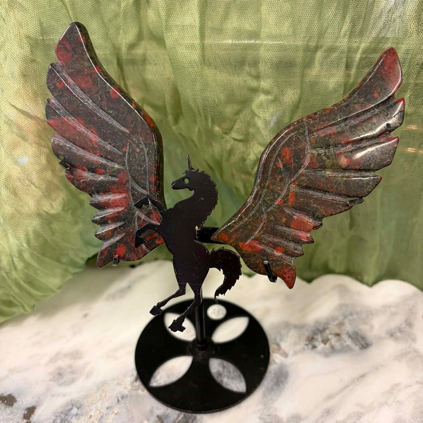 Blood Stone Unicorn Wings on metal stand #2