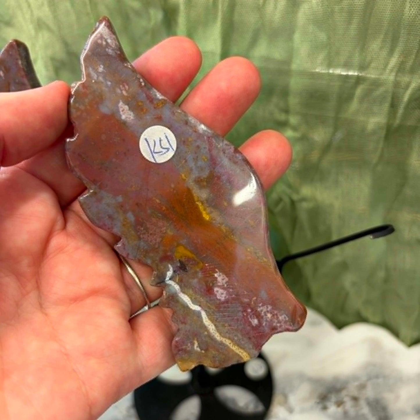 Ocean Jasper Unicorn Wings on metal stand