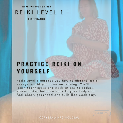 Promotional graphic for a Reiki Level 1 certification course in Darwin Northern Territory, featuring a woman in a patterned dress in the background, overlaid with text describing the course benefits and a social handle.