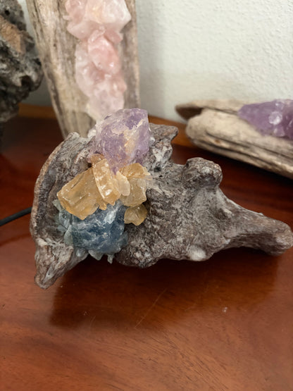 Crystal Lamp - Amethyst, Honey Calcite, Blue Fluorite