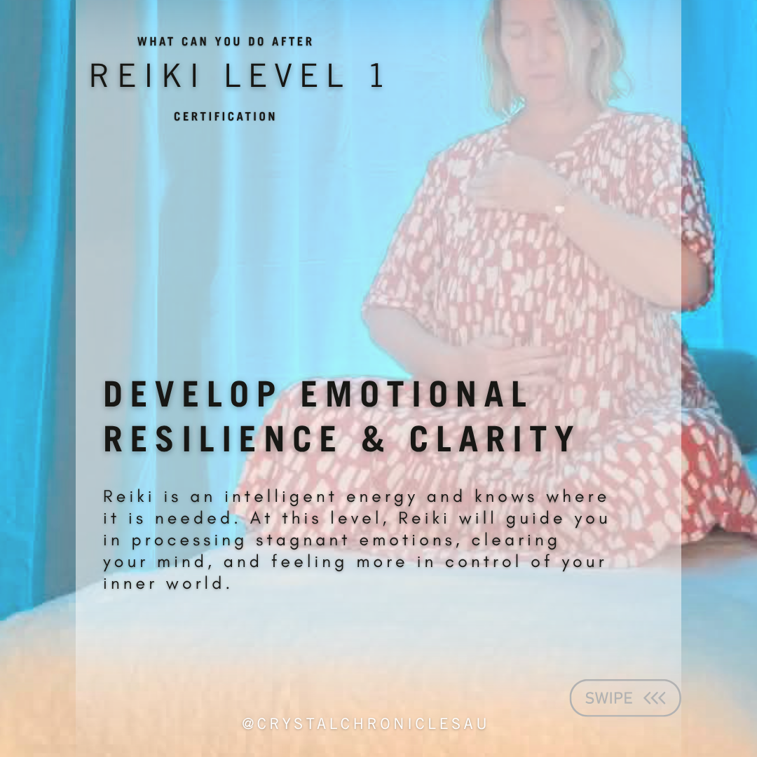 Promotional graphic for a Reiki Level 1 certification course in Darwin Northern Territory, featuring a woman in a pink and white patterned dress against a blue curtain background, with text overlays describing emotional resilience and clarity.