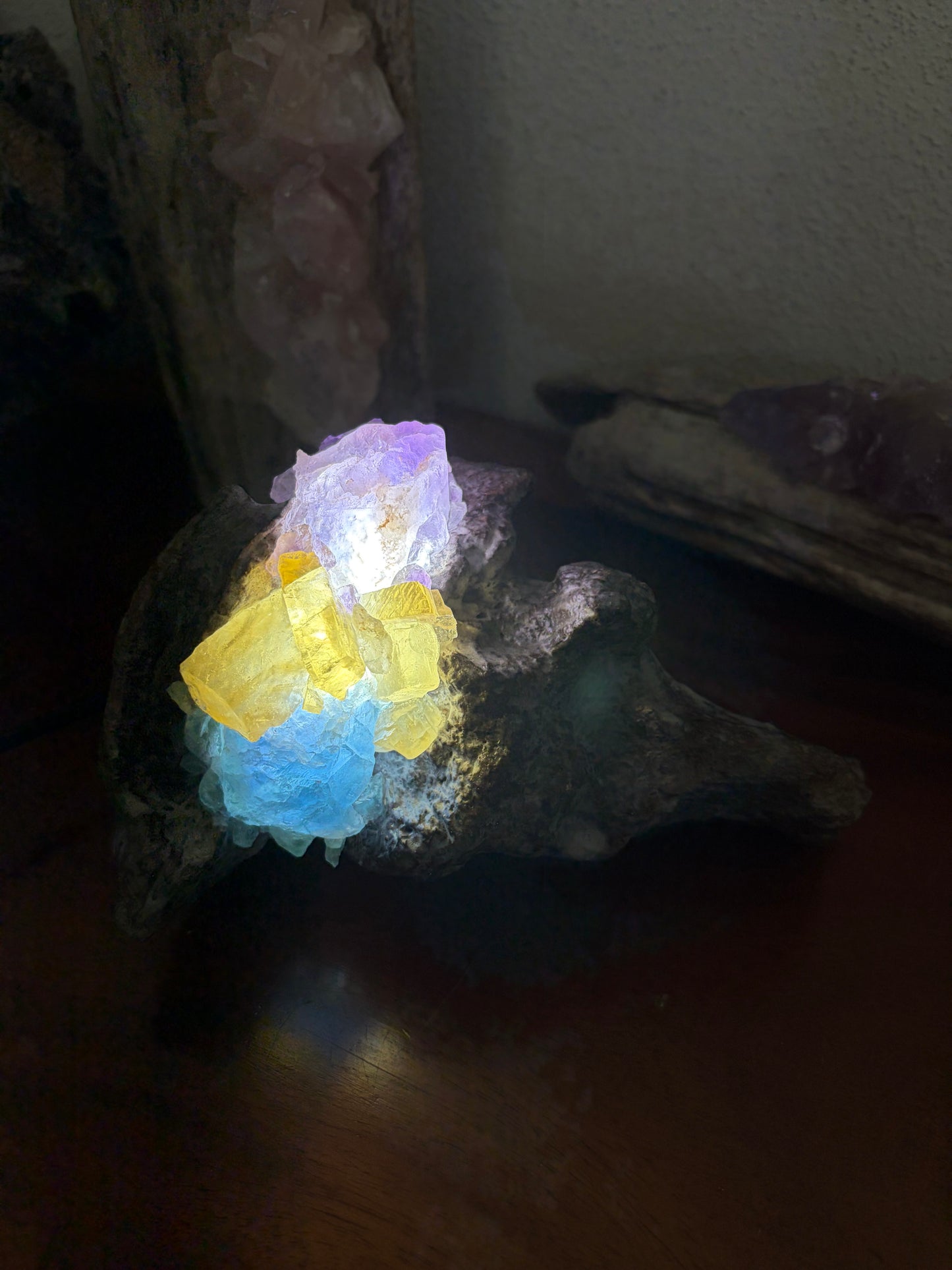 Crystal Lamp - Amethyst, Honey Calcite, Blue Fluorite