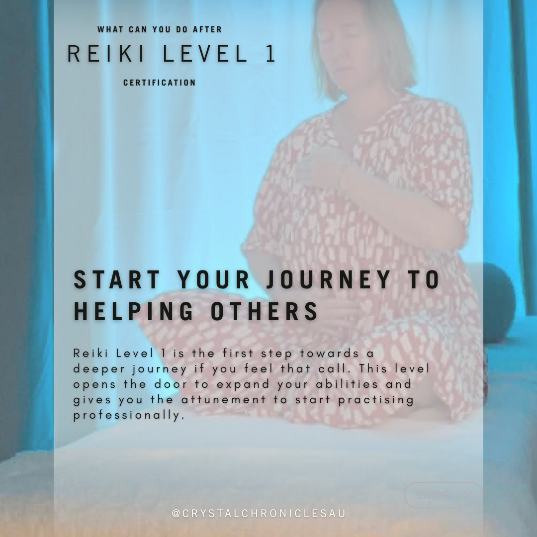A promotional graphic for a Reiki Level 1 Certification in Darwin Northern Territory, featuring a woman in a patterned dress in a blue-toned room, overlaid with text about what can be done after the certification and a call to start your journey to helping others.