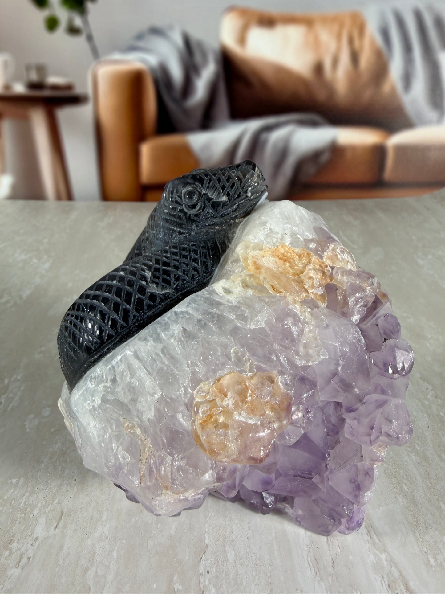 Amethyst and Agate Snake Carving