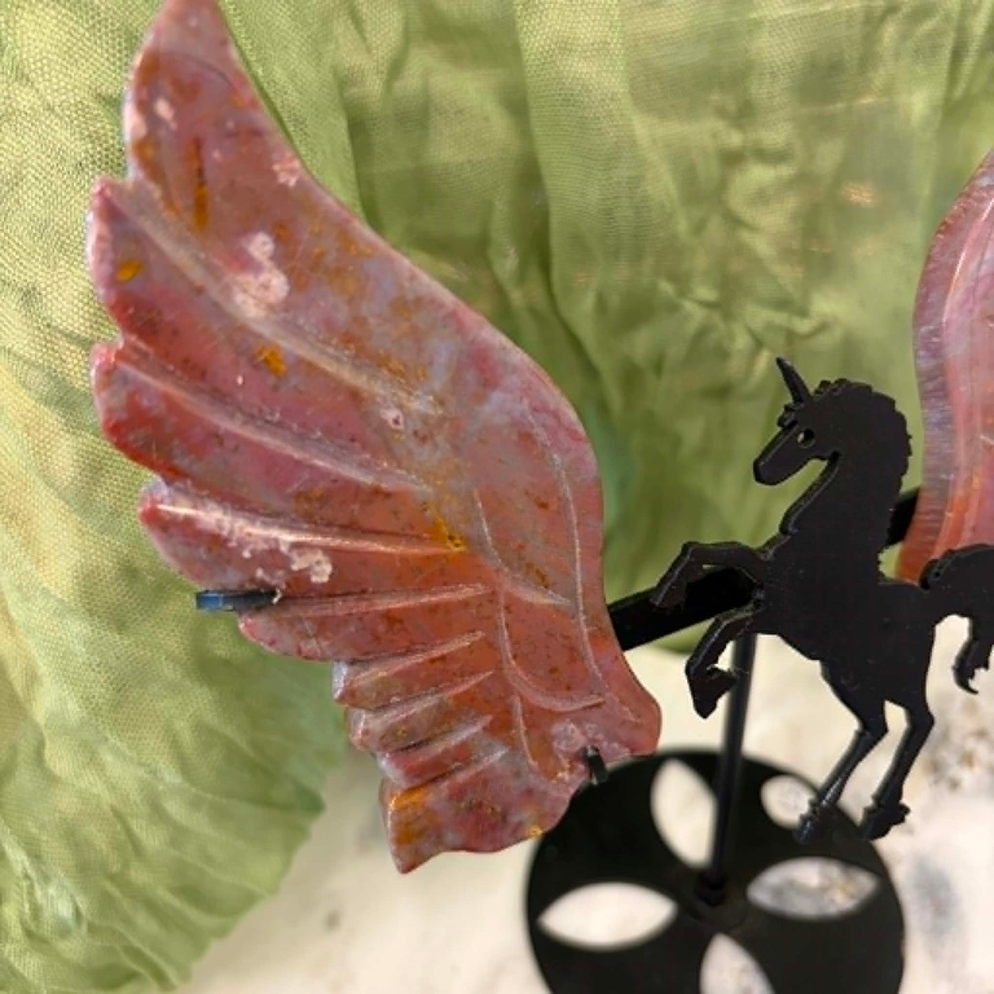 Ocean Jasper Unicorn Wings on metal stand