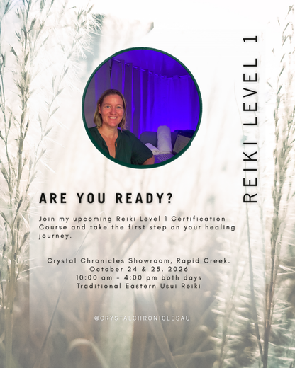 Promotional flyer for a Reiki Level 1 Certification Course in Darwin Northern Territory, featuring a circular photo of a smiling woman with blonde hair, set against a white background with faint botanical silhouettes and purple ambient lighting in the photo background. Text details the course location, date, and time at Crystal Chronicles Showroom, Rapid Creek.