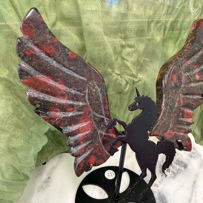 Blood Stone Unicorn Wings on metal stand #2