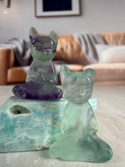 Imperfect Fluorite Meditation Cat Carvings - Chipped Ear