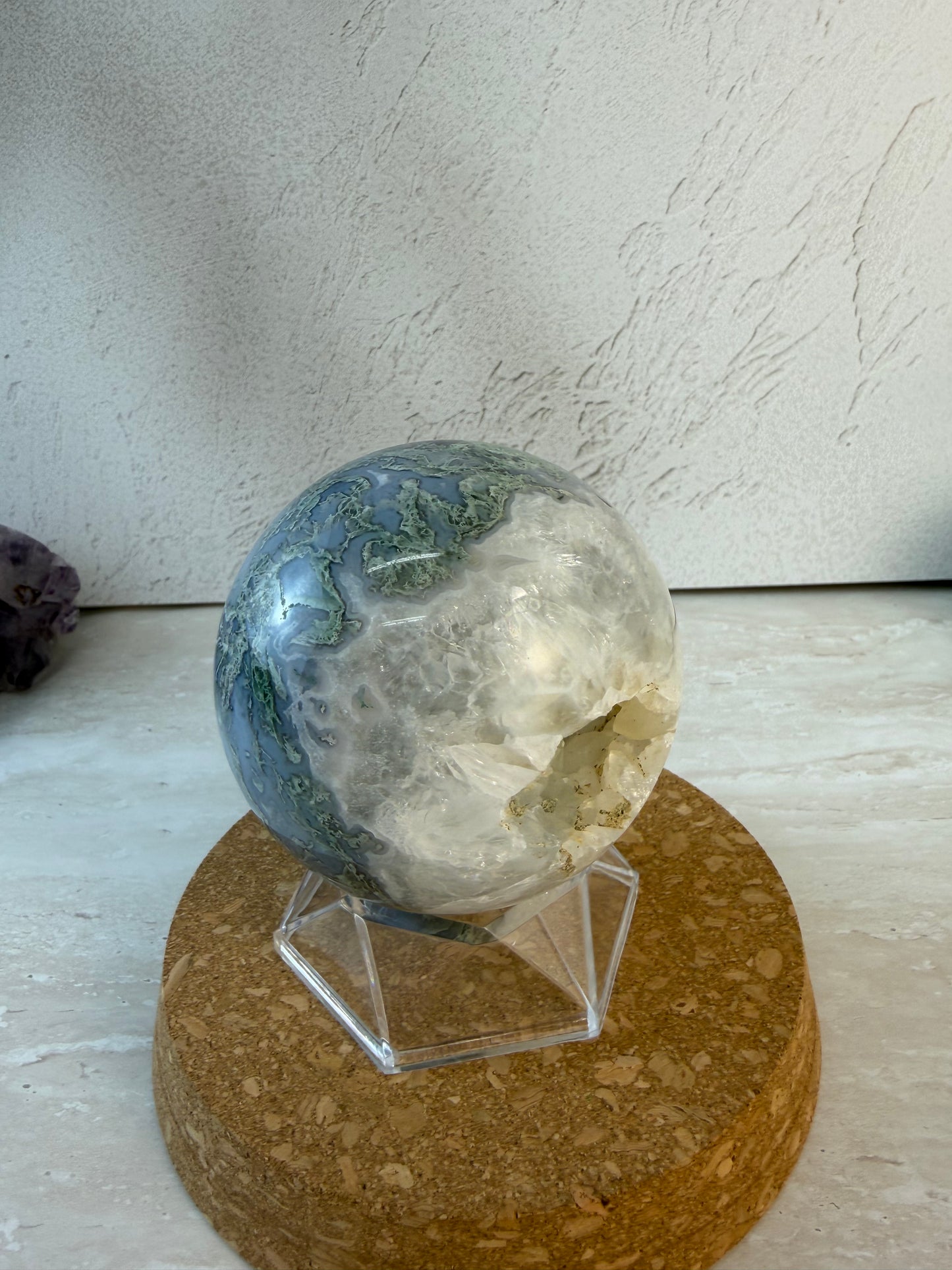 Moss agate and druzy sphere