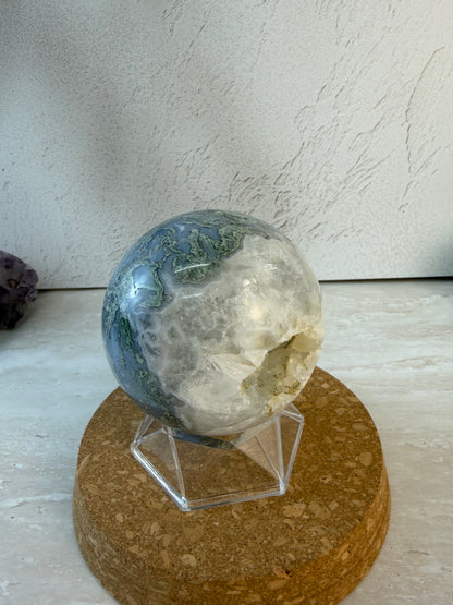 Moss agate and druzy sphere