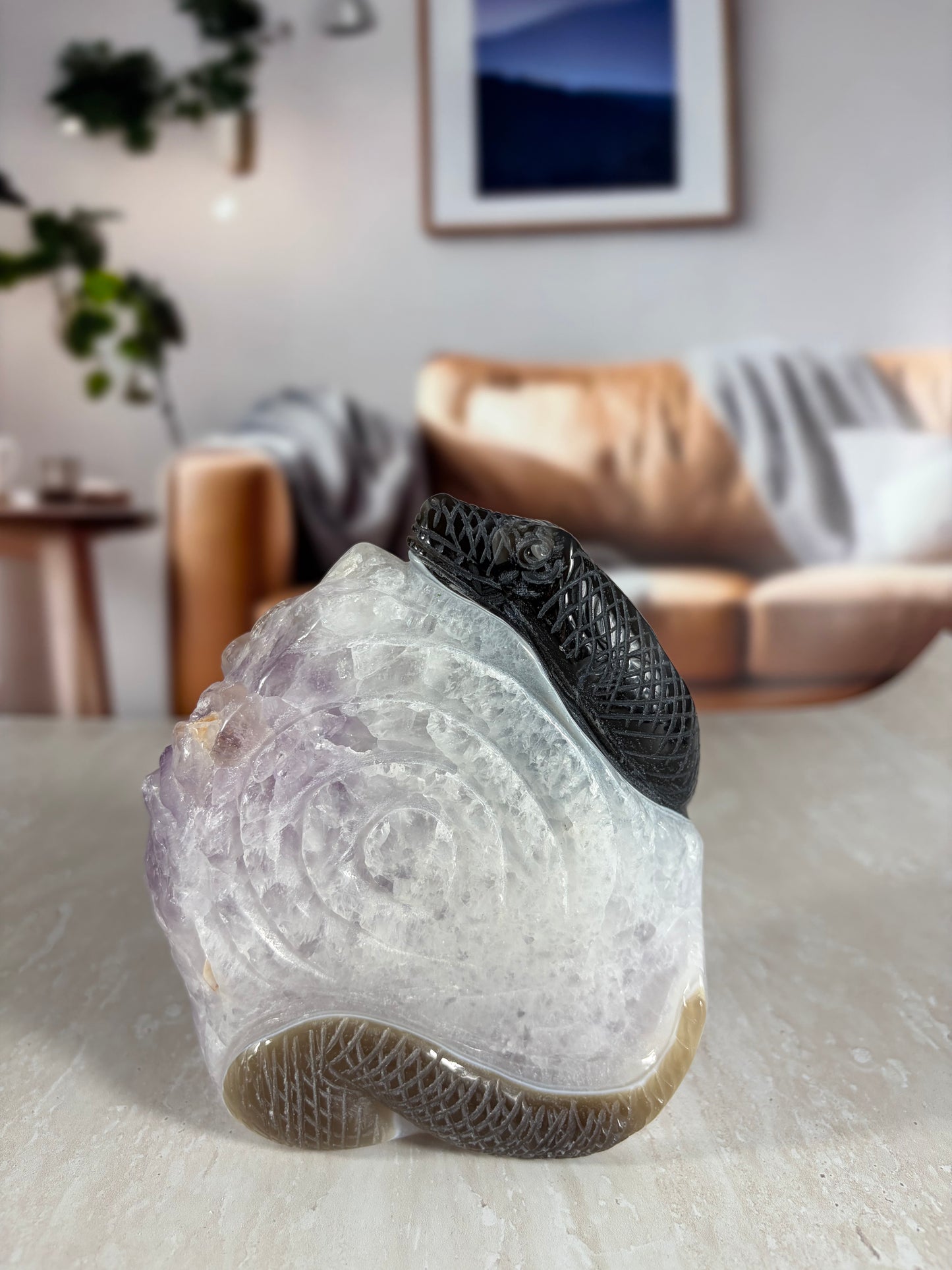 Amethyst and Agate Snake Carving