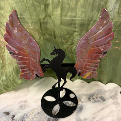 Ocean Jasper Unicorn Wings on metal stand
