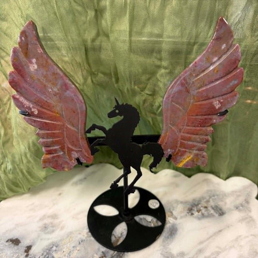 Ocean Jasper Unicorn Wings on metal stand