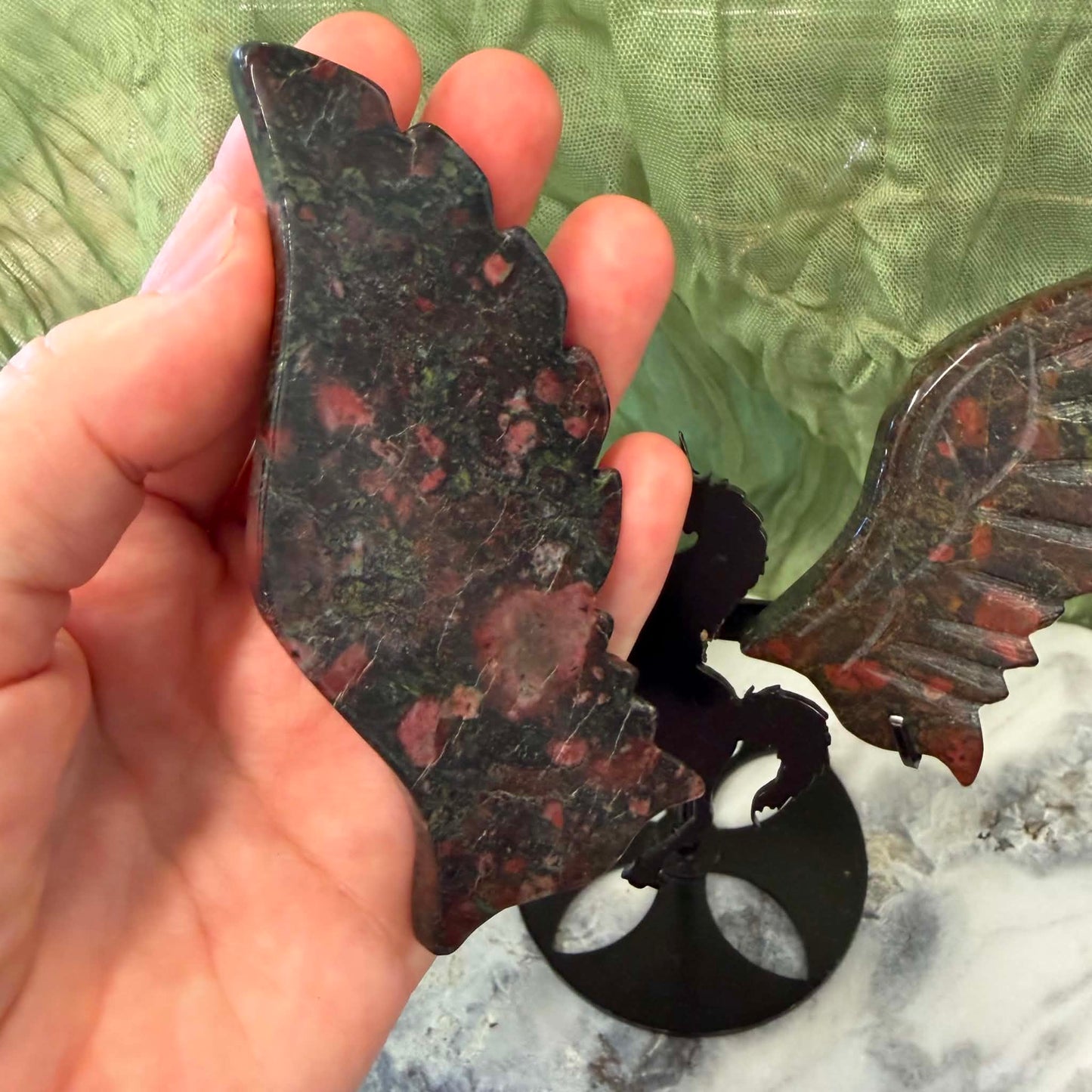 Blood Stone Unicorn Wings on metal stand #2