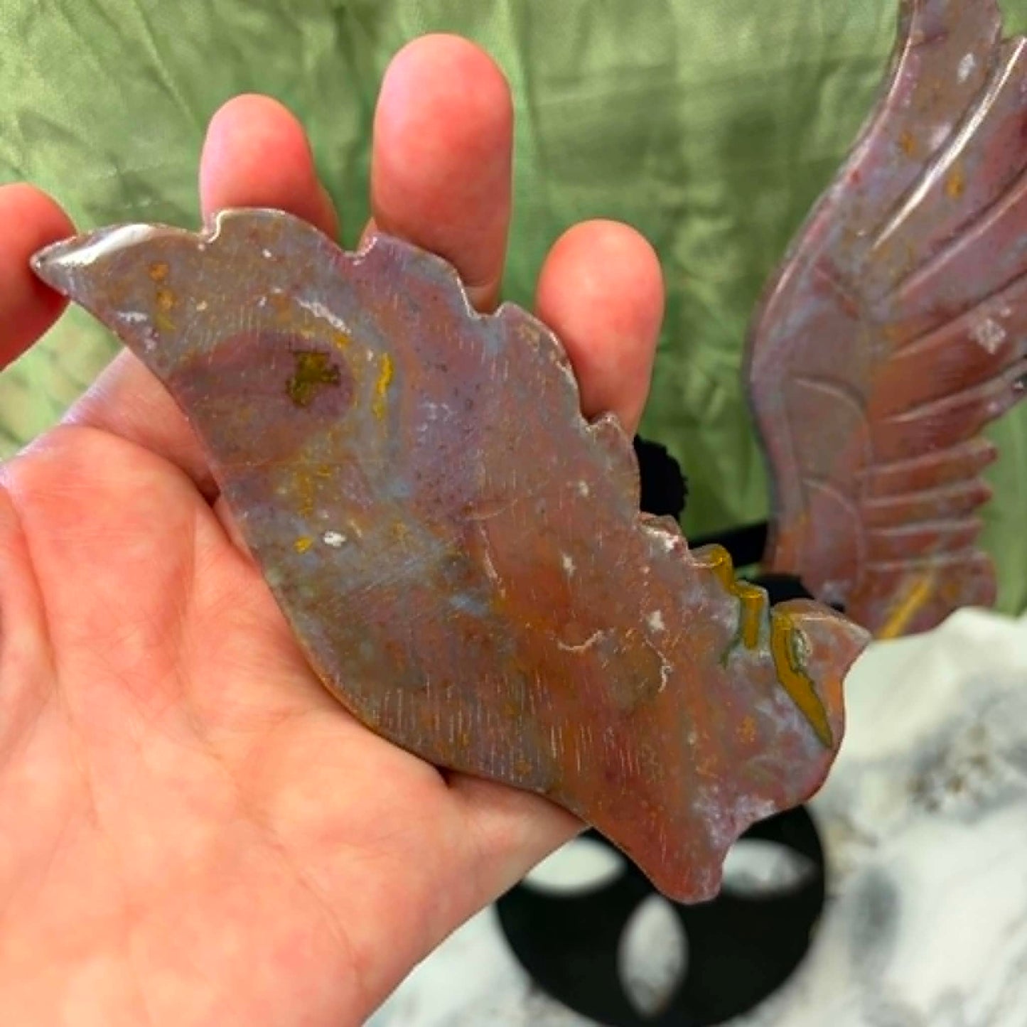 Ocean Jasper Unicorn Wings on metal stand