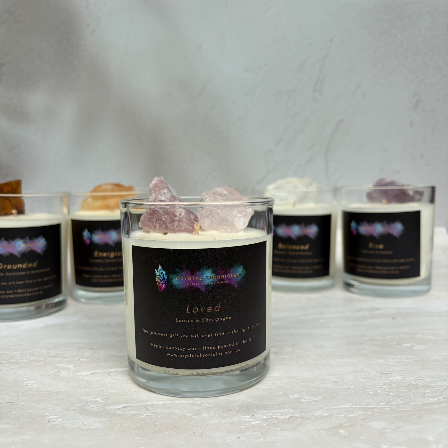 Loved- Rose Quartz and Manganite Candle with Loved Meditation