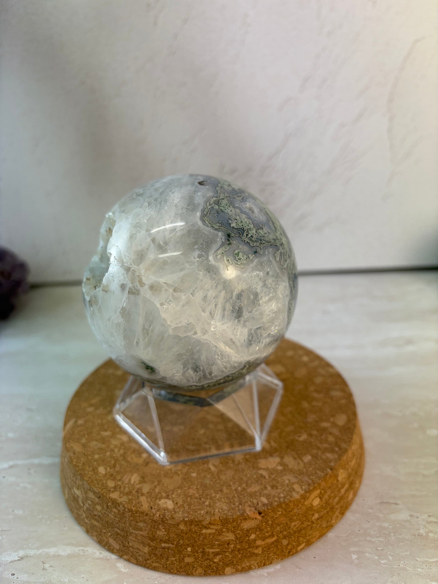 Moss agate and druzy sphere