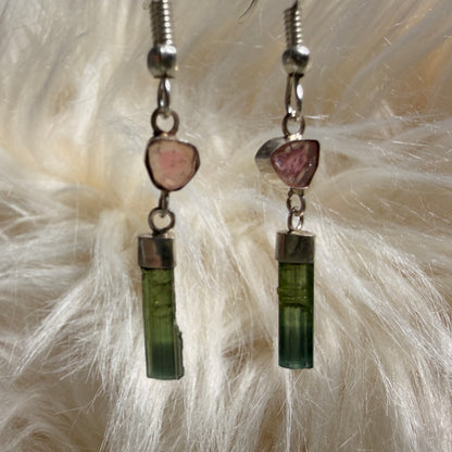 Green & Pink Tourmaline Earrings Sterling Silver