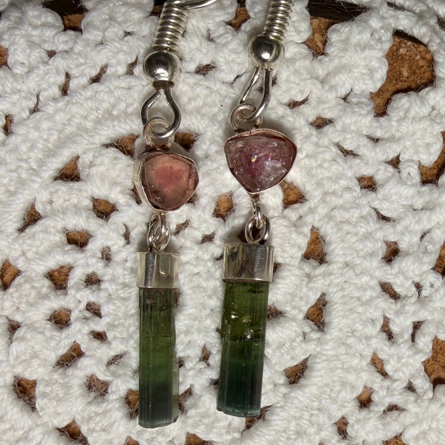 Green & Pink Tourmaline Earrings Sterling Silver