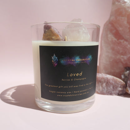 Loved- Rose Quartz and Manganite Candle with Loved Meditation