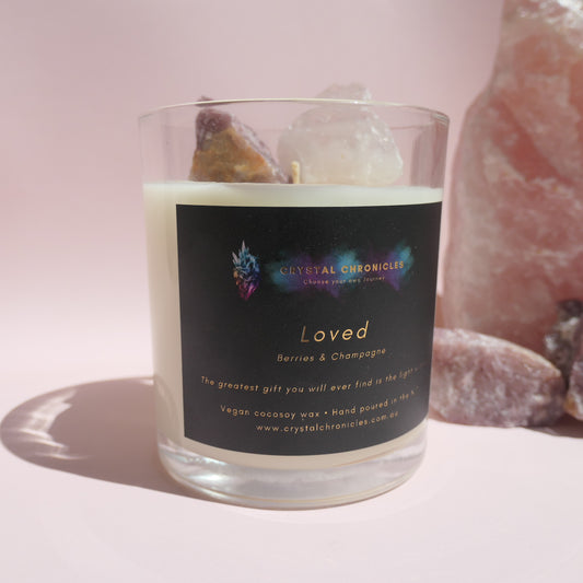 Loved- Rose Quartz and Manganite Candle with Loved Meditation