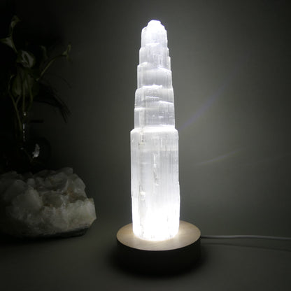 Selenite Tower with light base