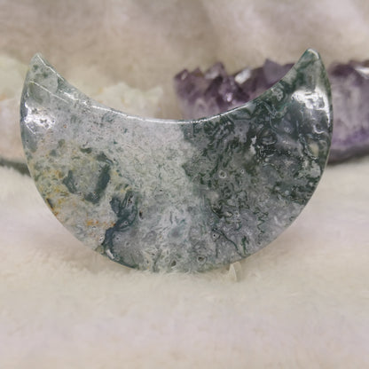 Moss Agate Moon with plastic stand