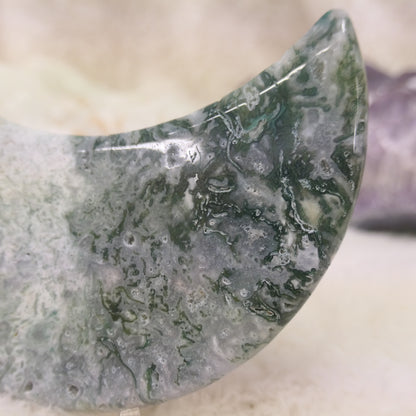 Moss Agate Moon with plastic stand
