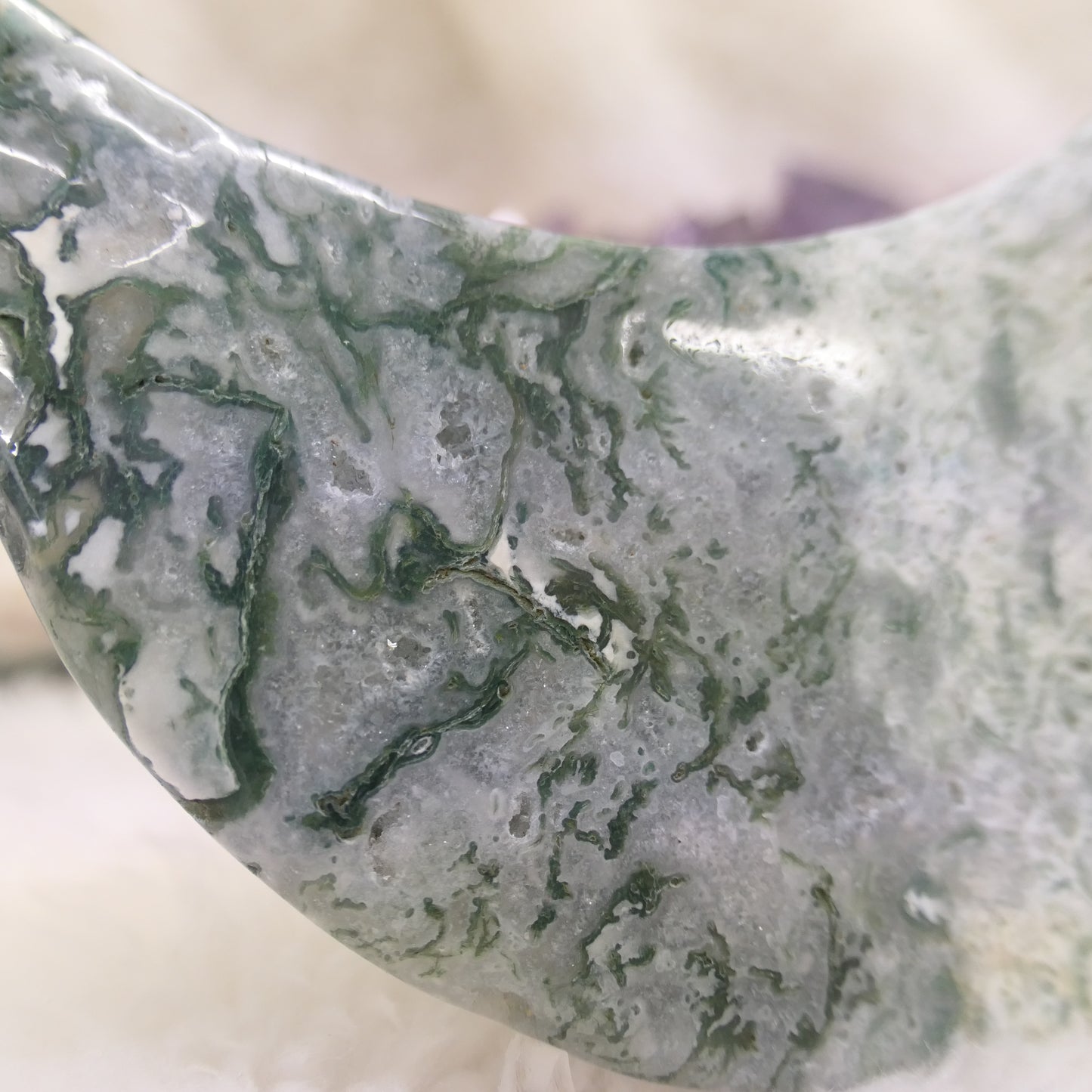 Moss Agate Moon with plastic stand