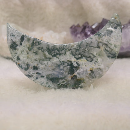 Moss Agate Moon with plastic stand