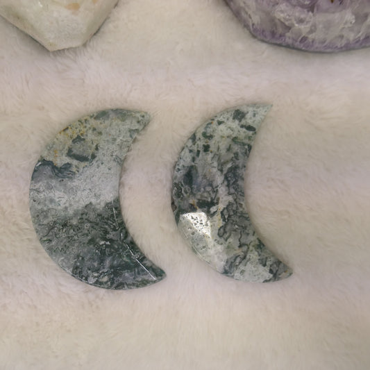 Moss Agate Moon with plastic stand