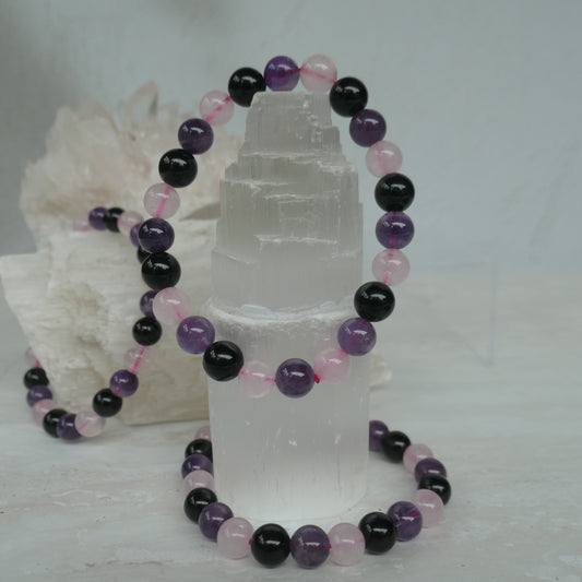 Rose Quartz, Amethyst, Black Obsidian Bracelet 8mm