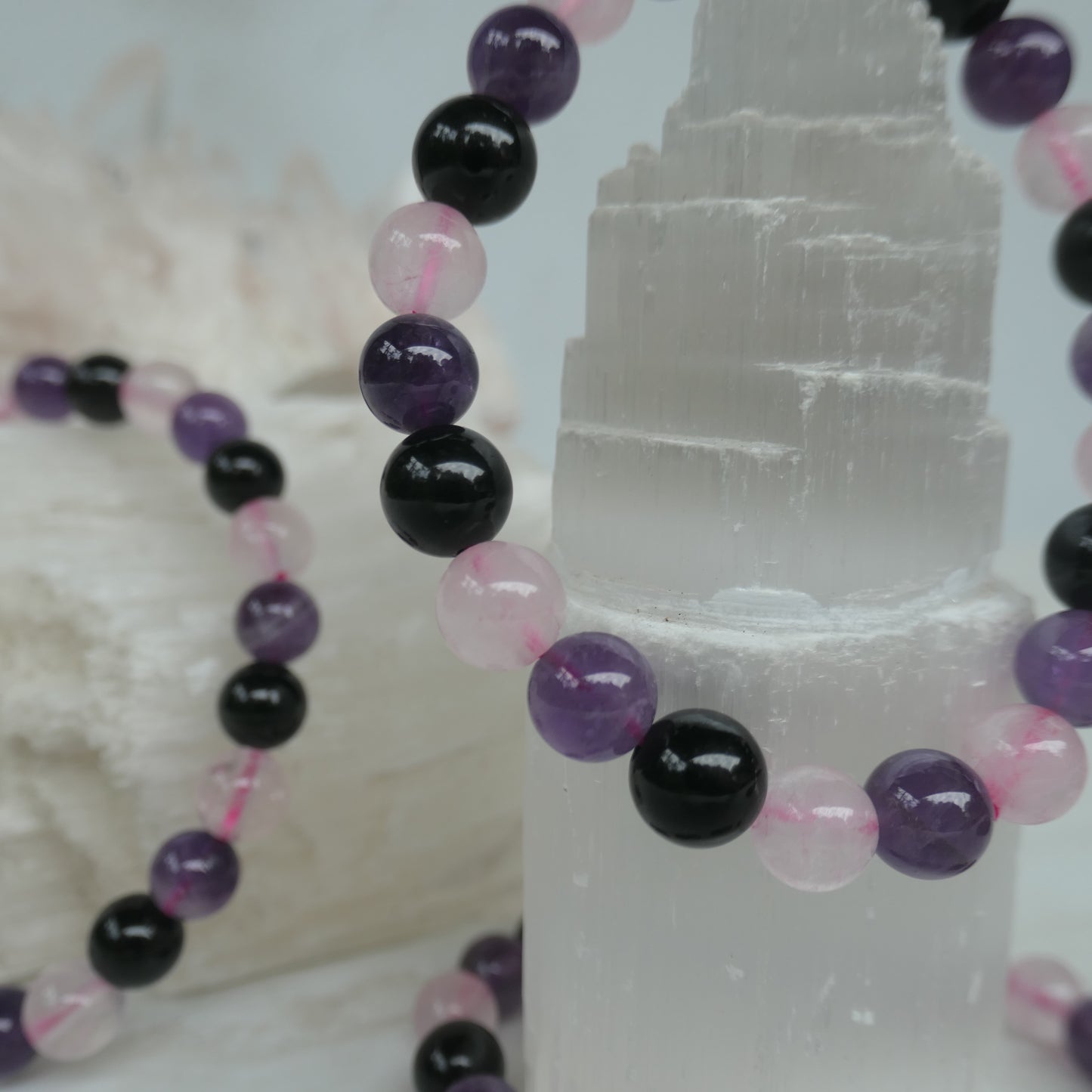 Rose Quartz, Amethyst, Black Obsidian Bracelet 8mm