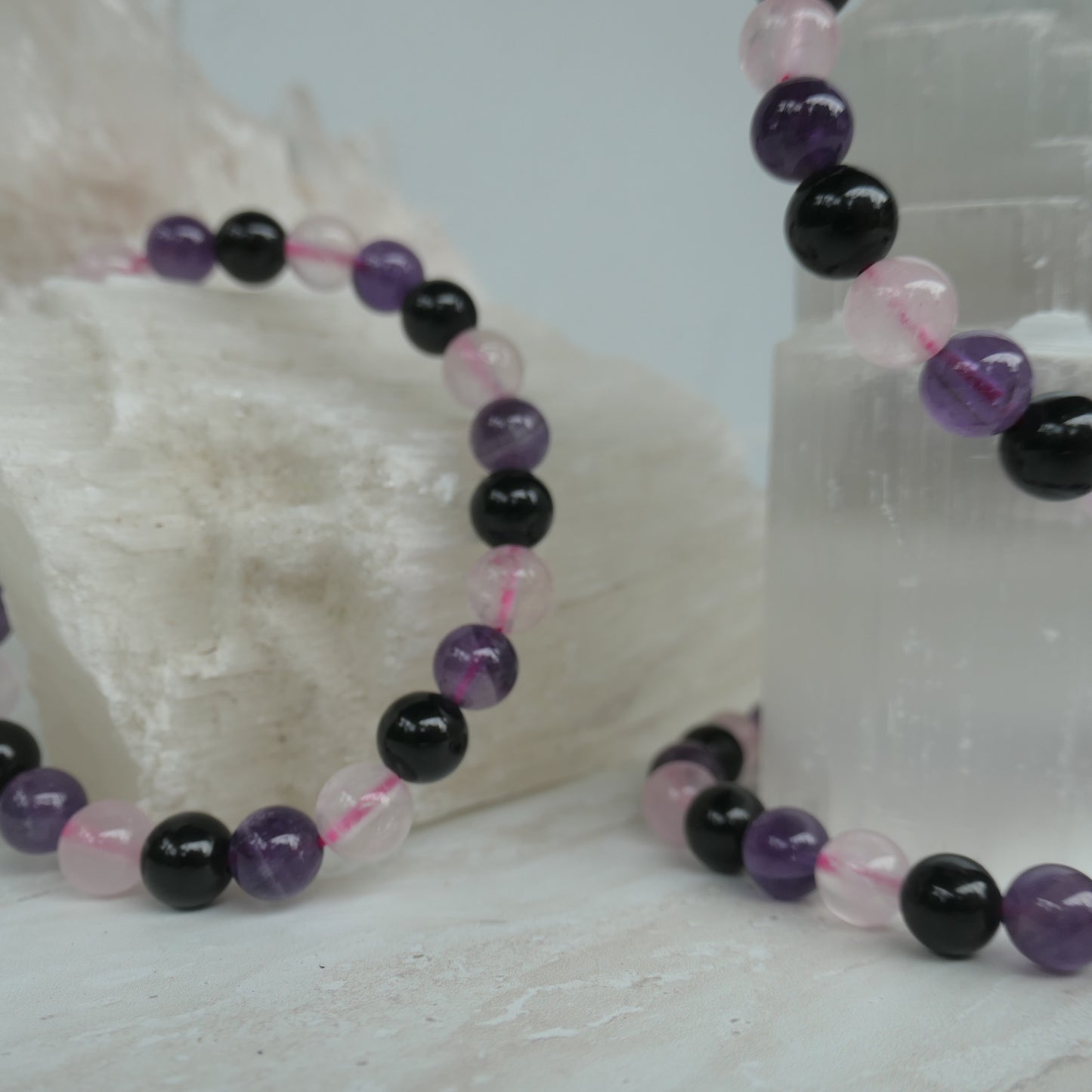 Rose Quartz, Amethyst, Black Obsidian Bracelet 8mm