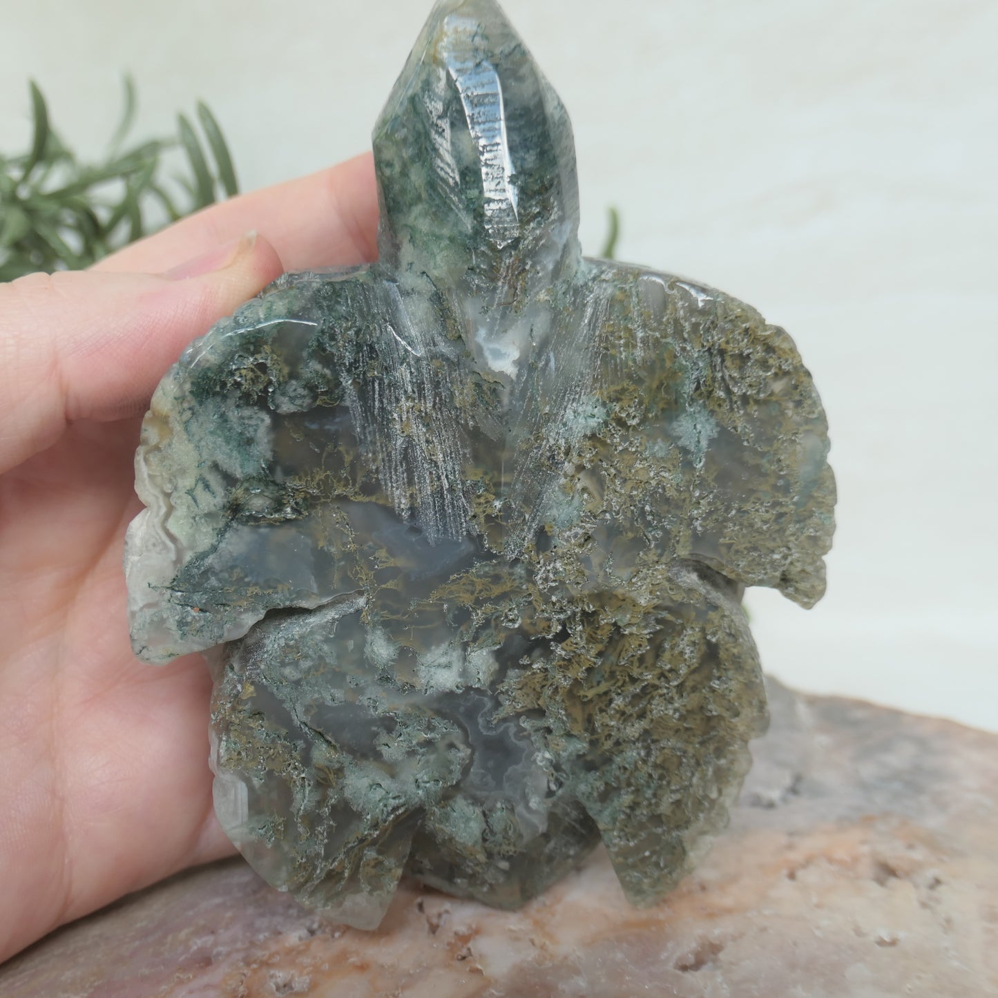 Moss Agate Turtle Carving