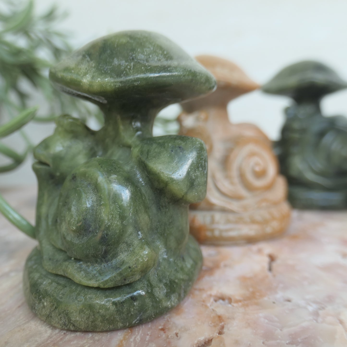 Yellow Jasper Snail and Mushroom Carving