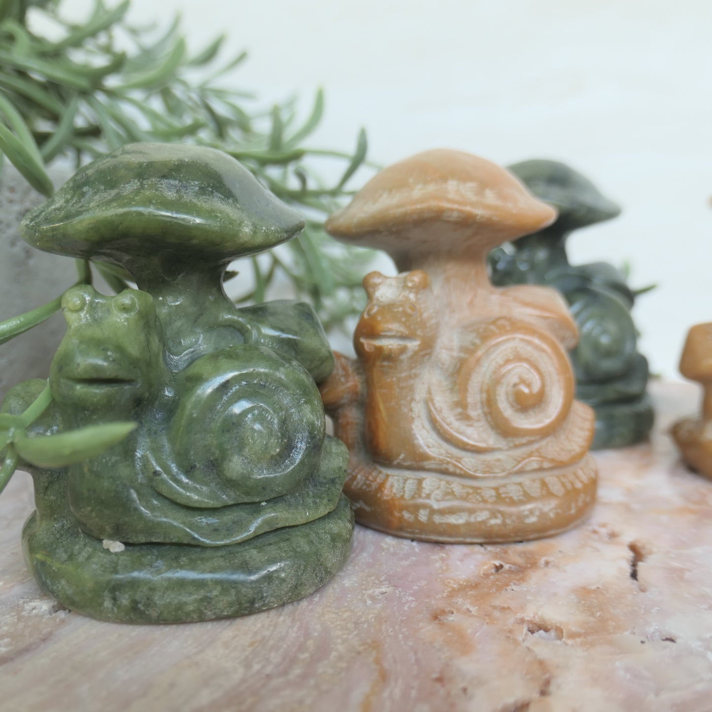 Yellow Jasper Snail and Mushroom Carving