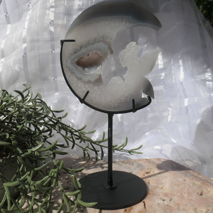 Druzy Agate Fairy and Moon on Black Metal Stand